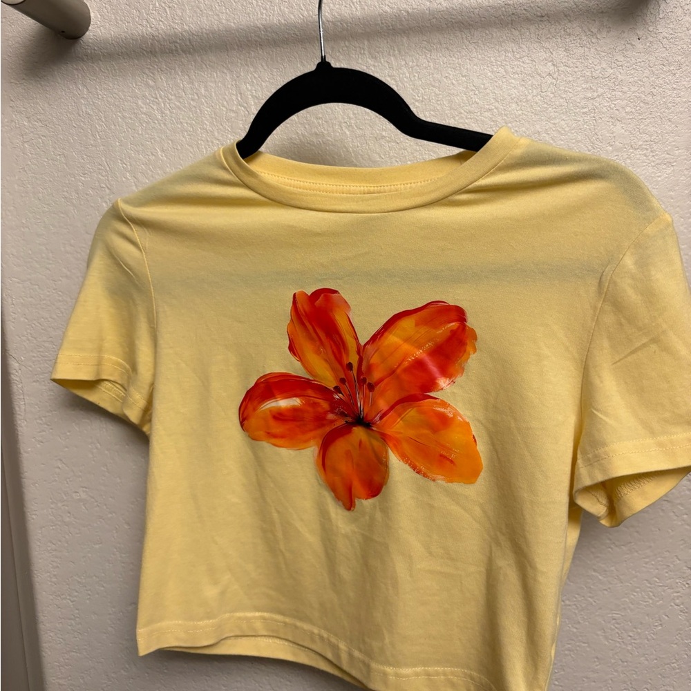 SOLD. SHEIN Yellow Crop Top with Orange Floral Design